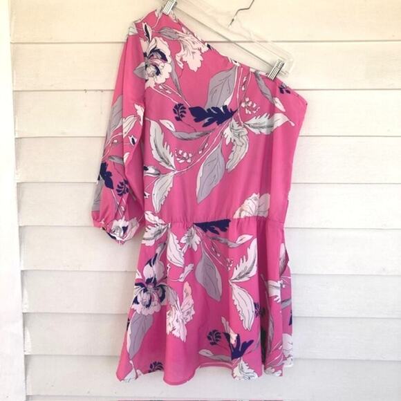 Anthropologie Yumi Kim NEW Pink Eastern Garden Floral One Shoulder Mini Dress L - Picture 3 of 14